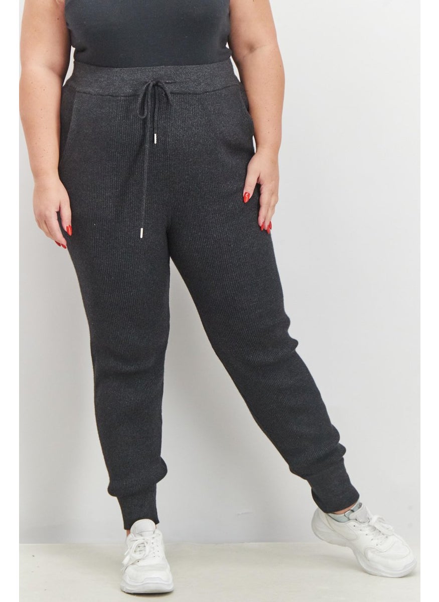 Black Tape - Women Trendy Plus Size Ribbed Jogger Pants, Dark Charcoal Mix - Image 1