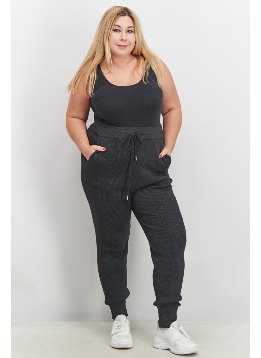 Black Tape - Women Trendy Plus Size Ribbed Jogger Pants, Dark Charcoal Mix - Image 1