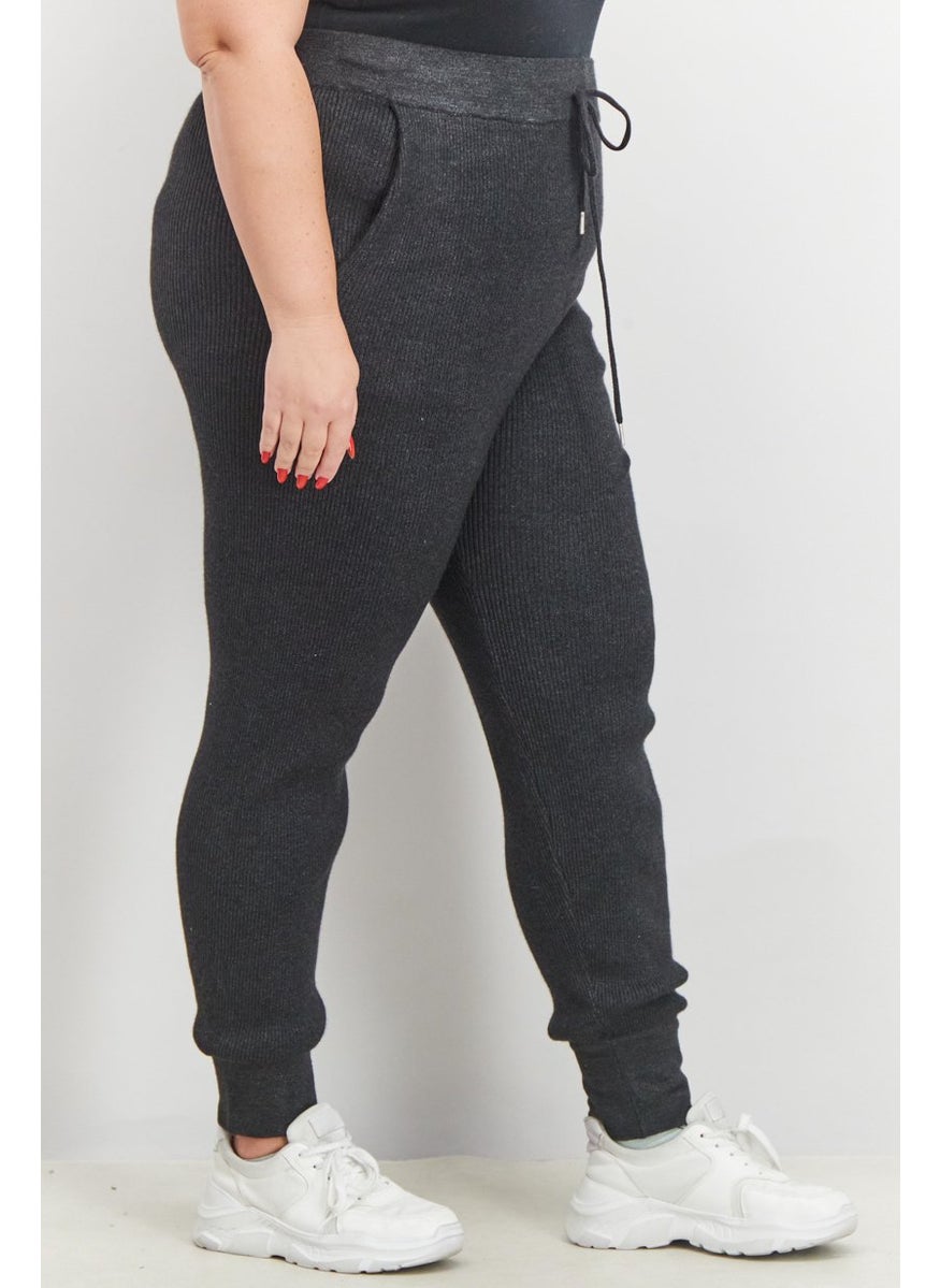Black Tape - Women Trendy Plus Size Ribbed Jogger Pants, Dark Charcoal Mix - Image 1