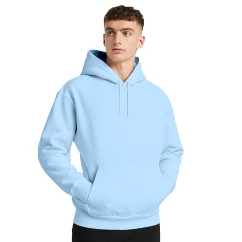 NOBERO Men's Cotton Blend Neck Hooded Oversized Fit Sweatshirt (1M-TWHO-R0041_Powder Blue (Medium) - Image 1