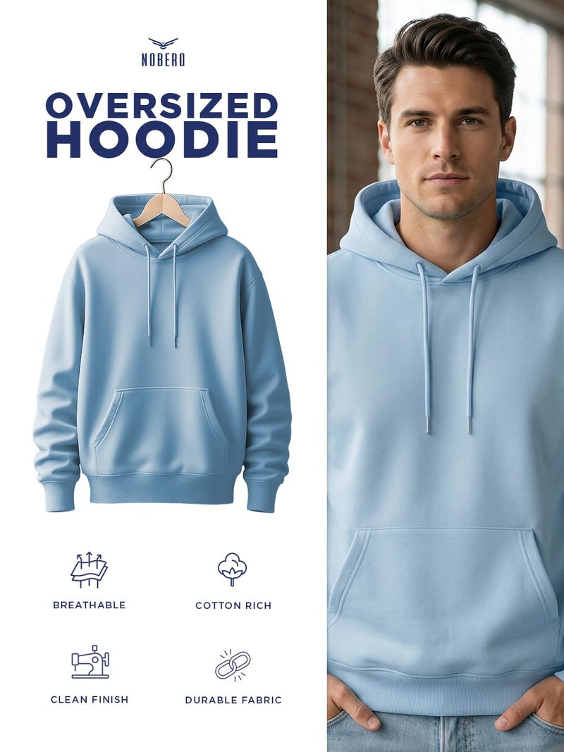 NOBERO Men's Cotton Blend Neck Hooded Oversized Fit Sweatshirt (1M-TWHO-R0041_Powder Blue (Medium) - Image 4