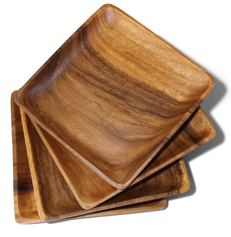 WRIGHTMART WRIGHTMART Acacia Wooden Plates  Set of 4 10 Inch Square Rustic Wood Platters  for Food Dining BBQ Parties  Picnics Durable Handcrafted to Last Joint Free Continuous Beautiful Grains 