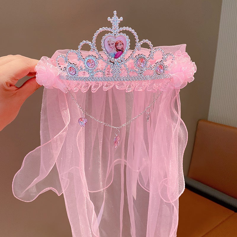 Generic Frozen Elsa Tiara Veil Princess Crown Kids Birthday Headwear 9# Pink Crown Pendant