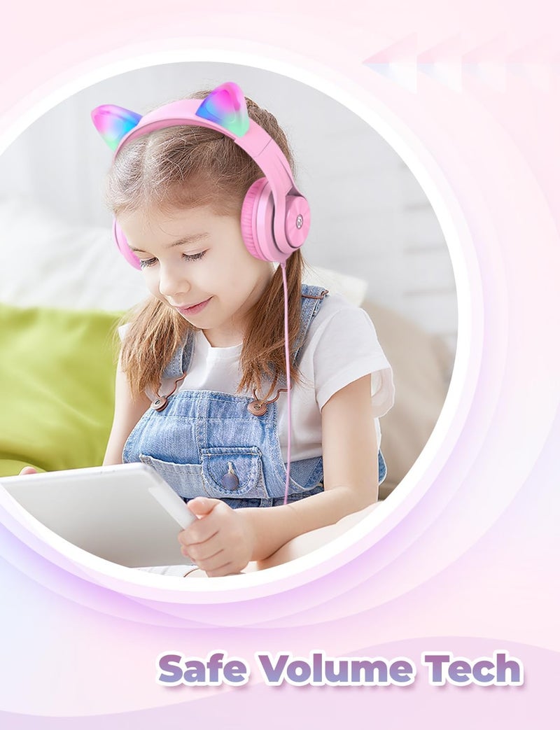 iClever Kids Headphones with Cat Ear Led Light Up, Safe Volume Limite, FunShare, Foldable, Over-Ear Headphones for Kids for School/iPad/Tablet/Travel, Meow Donut-Pink - Image 4