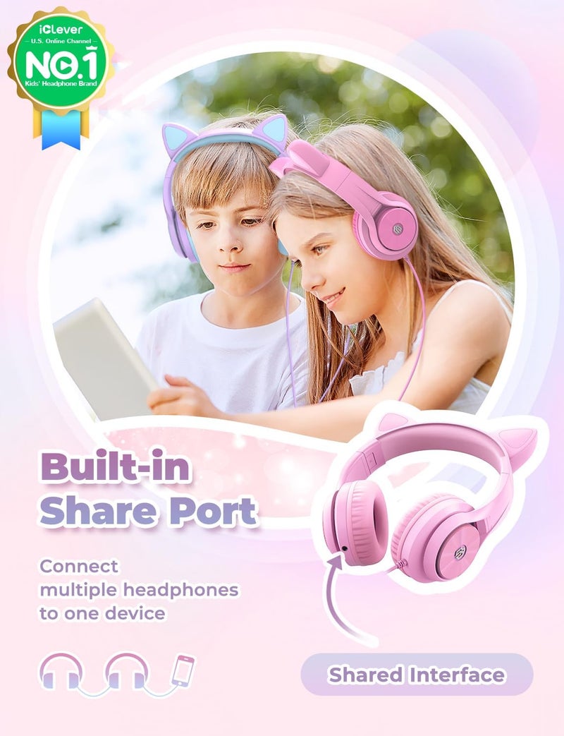 iClever Kids Headphones with Cat Ear Led Light Up, Safe Volume Limite, FunShare, Foldable, Over-Ear Headphones for Kids for School/iPad/Tablet/Travel, Meow Donut-Pink - Image 2