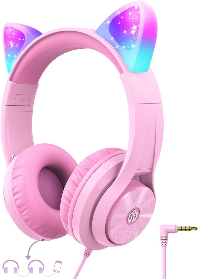 iClever Kids Headphones with Cat Ear Led Light Up, Safe Volume Limite, FunShare, Foldable, Over-Ear Headphones for Kids for School/iPad/Tablet/Travel, Meow Donut-Pink - Image 1