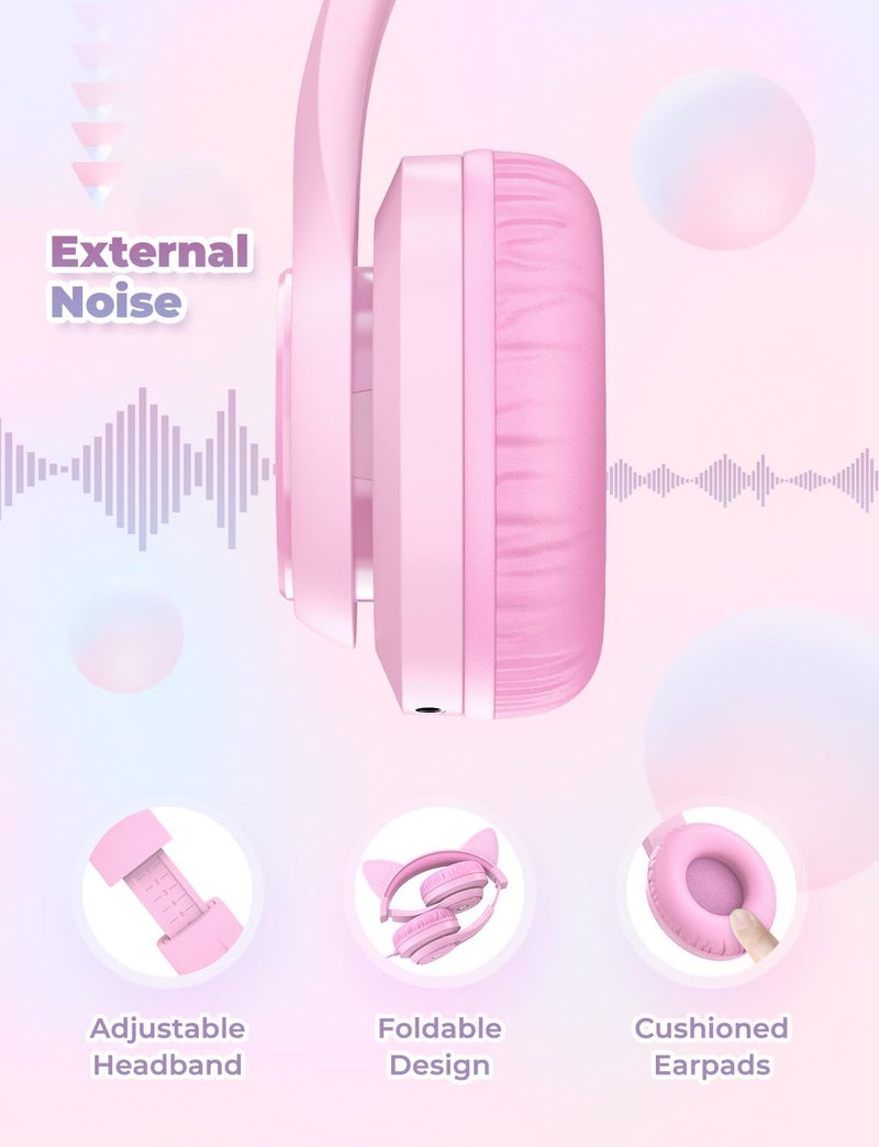 iClever Kids Headphones with Cat Ear Led Light Up, Safe Volume Limite, FunShare, Foldable, Over-Ear Headphones for Kids for School/iPad/Tablet/Travel, Meow Donut-Pink - Image 5