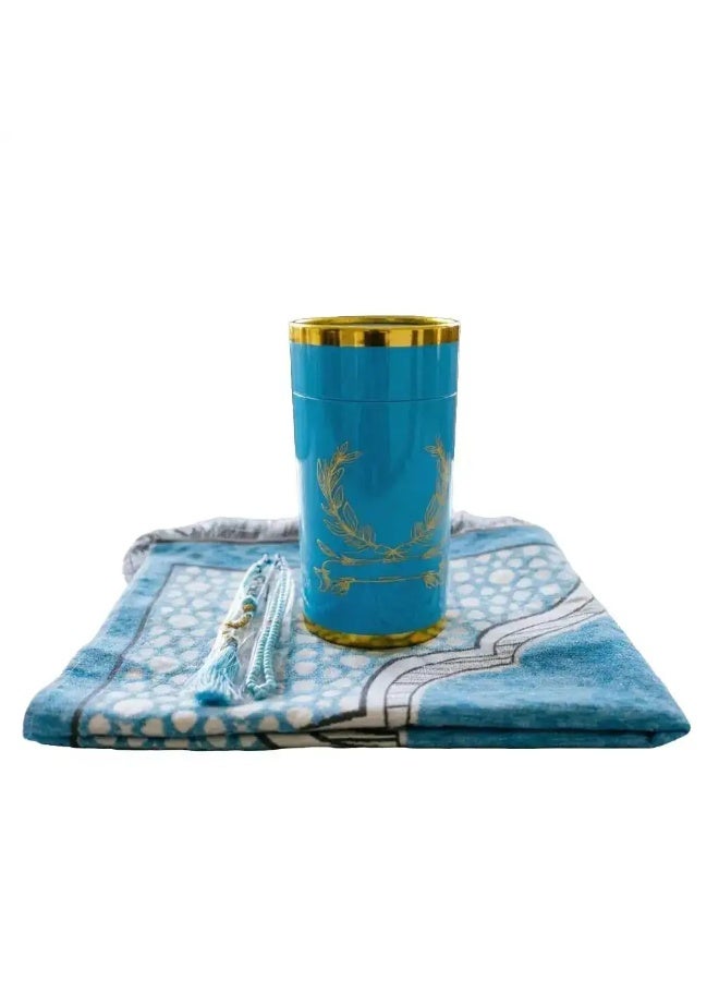 Chenille Prayer Mat 3-Piece Set with Tasbih & Cylinder Gift Box, Multi-Color Jacquard Islamic Design - Image 1