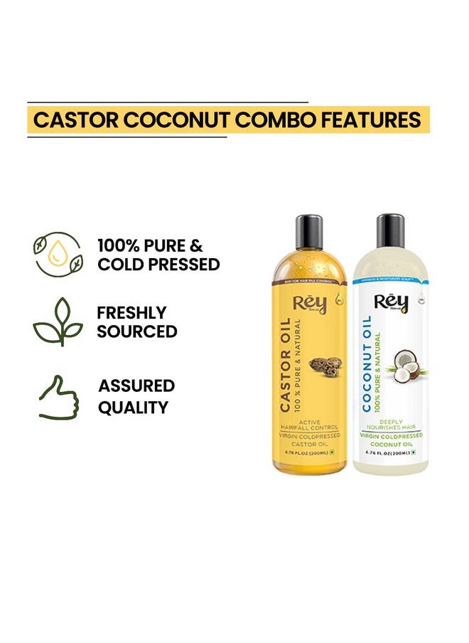 Rey Naturals - Cold Pressed Castor & Virgin Coconut Hair Oil | For Hair Growth, Hairfall Control, Nail Cuticles, Eyebrow & Eyelashes Nourishment | Hydrates & Moisturize Scalp | For Men & Women -200Ml*2 - Image 1