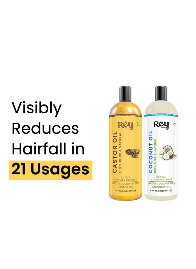 Rey Naturals - Cold Pressed Castor & Virgin Coconut Hair Oil | For Hair Growth, Hairfall Control, Nail Cuticles, Eyebrow & Eyelashes Nourishment | Hydrates & Moisturize Scalp | For Men & Women -200Ml*2 - Image 1