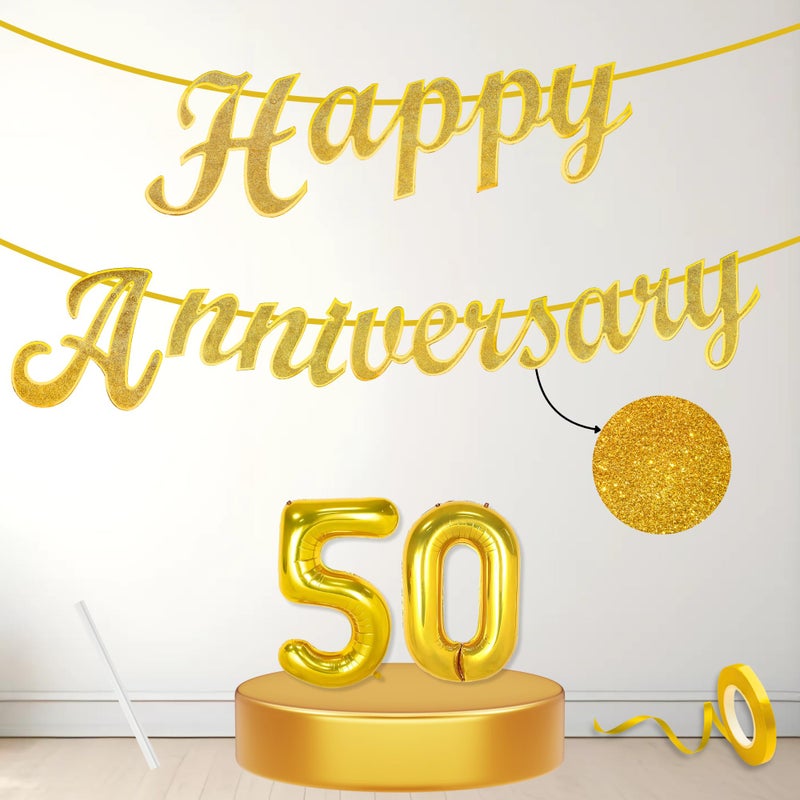 Flyloons 50th Happy Anniversary Banner Gold Decorations Kit for Men Women Wedding Anniversary Banner Items without Balloons Gold Jubilee - Image 1