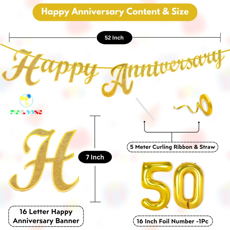 Flyloons 50th Happy Anniversary Banner Gold Decorations Kit for Men Women Wedding Anniversary Banner Items without Balloons Gold Jubilee - Image 2