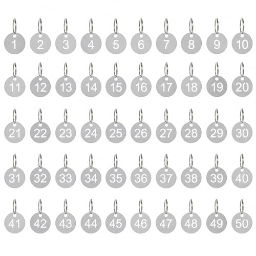 Simidobook 1-50 Key Tags, Round Metal Number Tags Stainless Steel Number ID with Hole Number Key Ring Chain with Split Ring for Organized Coding Key Box Cabinet System Identifiers (50, 1-50) - Image 1