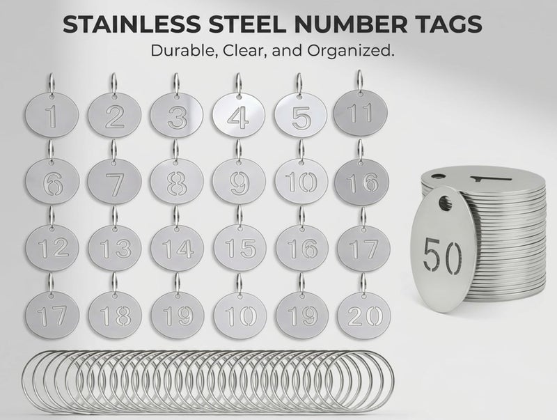 Simidobook 1-50 Key Tags, Round Metal Number Tags Stainless Steel Number ID with Hole Number Key Ring Chain with Split Ring for Organized Coding Key Box Cabinet System Identifiers (50, 1-50) - Image 3