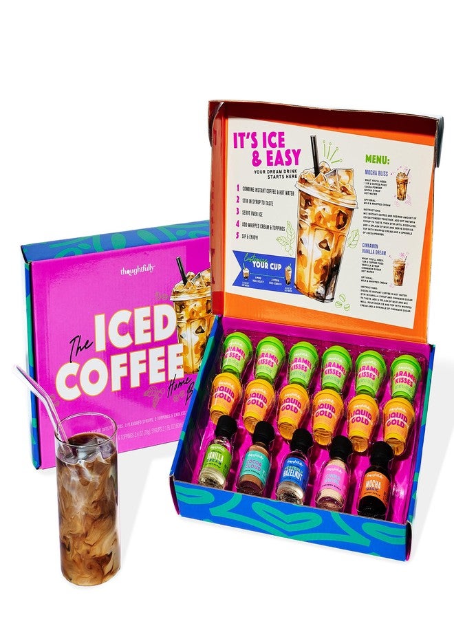 Thoughtfully, Iced Coffee Barista Bar Gift Set, Includes Instant Coffee, Flavored Syrups, Cocoa Powder & Cinnamon Sugar, DIY Coffee Station Sampler Gift for Coffee Lovers - Image 1