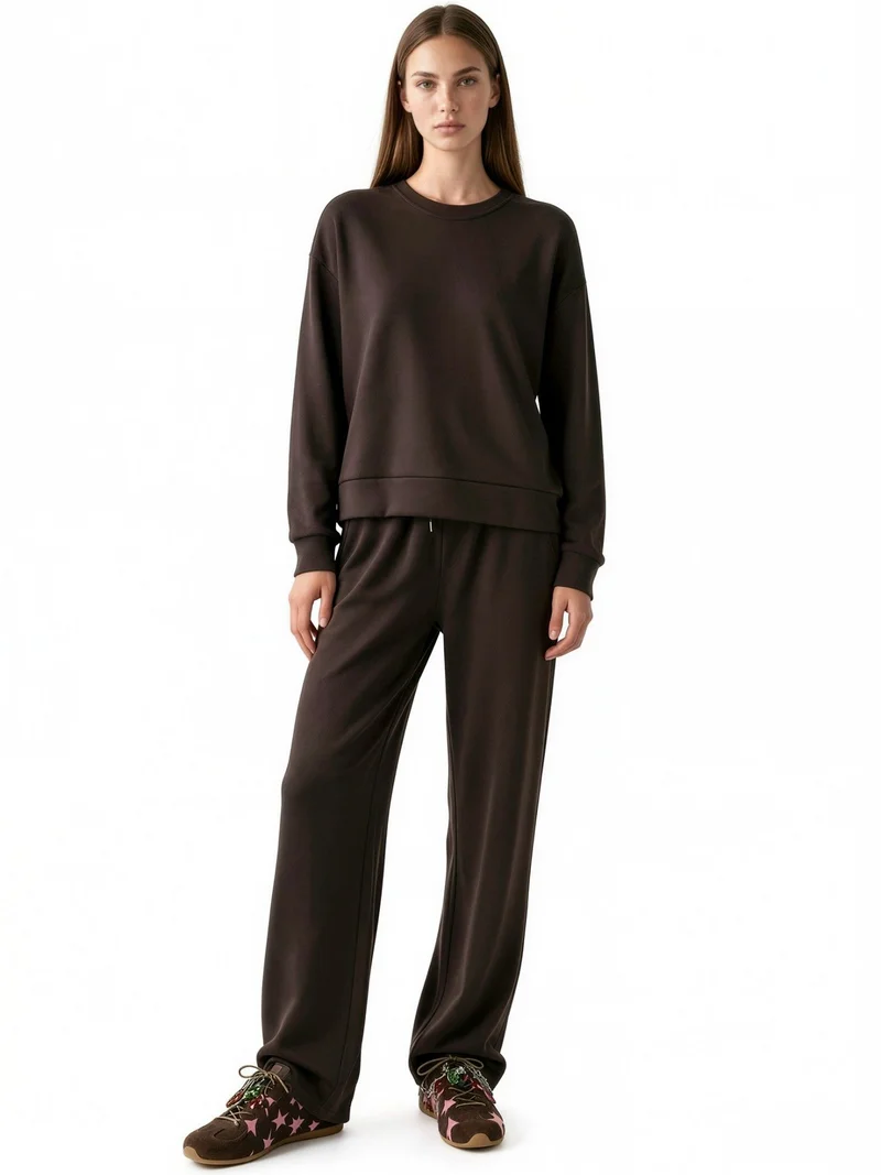 Modal Touch Basic Sweatshirt & Wide Leg Pants Two-Piece Coord Set