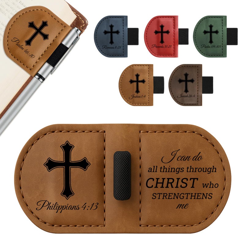 JUBOPE Bygone Mark Personalized Magnetic Leather Bookmark with Pen Holder - Inspirational Bible Verse Scripture Design, Custom Book Marker for Book Lovers Men Women (Brown-Philippians 4:13) - Image 1
