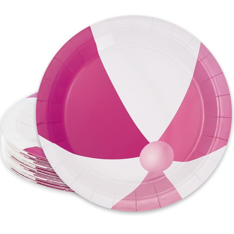 Whaline Summer Beach Ball Paper Plates Pool Party Disposable Plates Pink White Dinnerware Plates 9 Inch for Sport Party Supplies Table Decor 24Pcs
