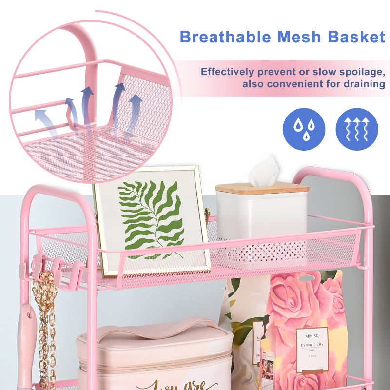 TOOLF 4 Tier Rolling Utility Cart - Durable Metal Design Pink Utility Cart, Storage Trolley on Wheels with 3 Hooks, Perfect for Kitchen, Bathroom & Laundry Room Organization - Image 5