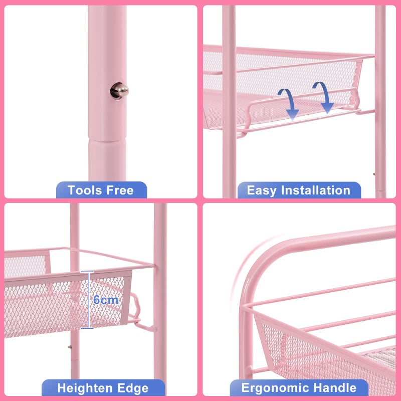 TOOLF 4 Tier Rolling Utility Cart - Durable Metal Design Pink Utility Cart, Storage Trolley on Wheels with 3 Hooks, Perfect for Kitchen, Bathroom & Laundry Room Organization - Image 4