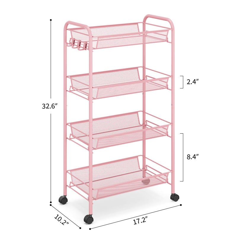 TOOLF 4 Tier Rolling Utility Cart - Durable Metal Design Pink Utility Cart, Storage Trolley on Wheels with 3 Hooks, Perfect for Kitchen, Bathroom & Laundry Room Organization - Image 2