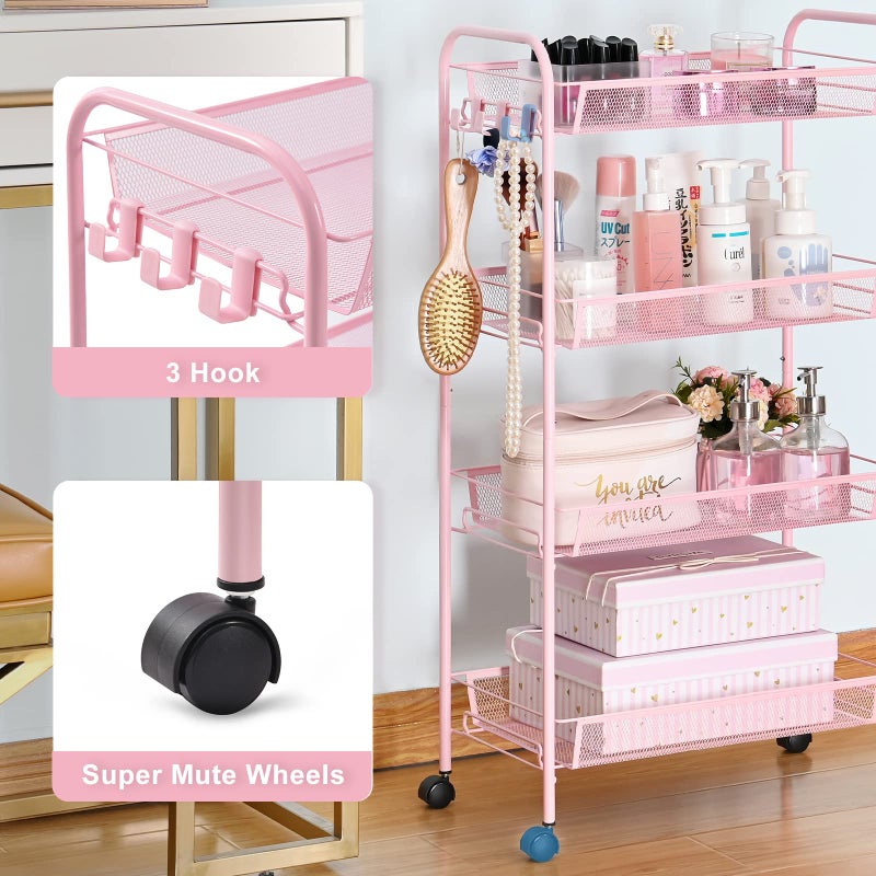 TOOLF 4 Tier Rolling Utility Cart - Durable Metal Design Pink Utility Cart, Storage Trolley on Wheels with 3 Hooks, Perfect for Kitchen, Bathroom & Laundry Room Organization - Image 3