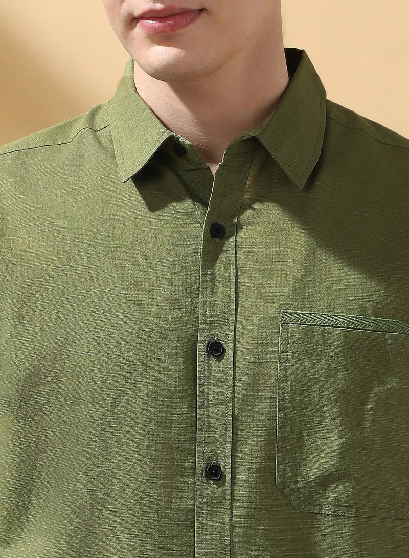 Dennis Lingo Men's Green 100% Cotton Textured Button Down Regular FiT-Shirt