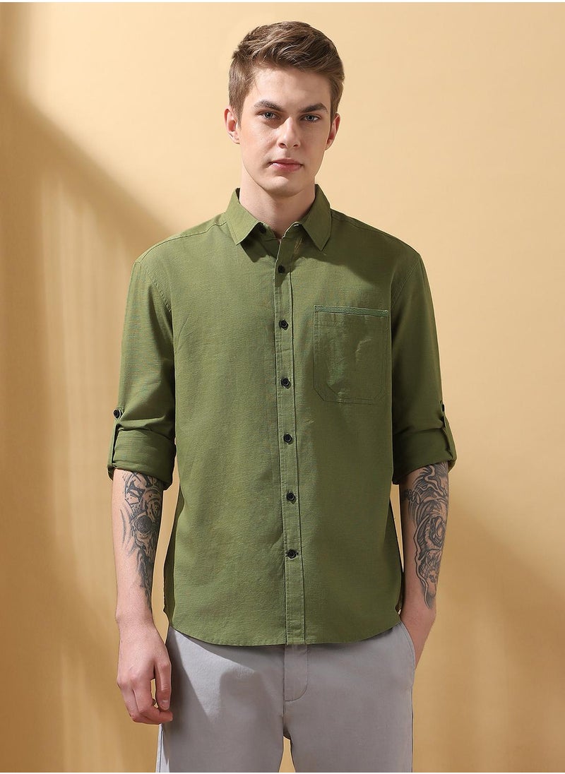 Dennis Lingo - Green Regular Fit Shirts Textured design crafted from 100% Cotton featuring Long Sleeves with Button closure. - Image 1