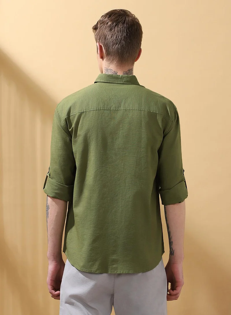 Dennis Lingo Men's Green 100% Cotton Textured Button Down Regular FiT-Shirt
