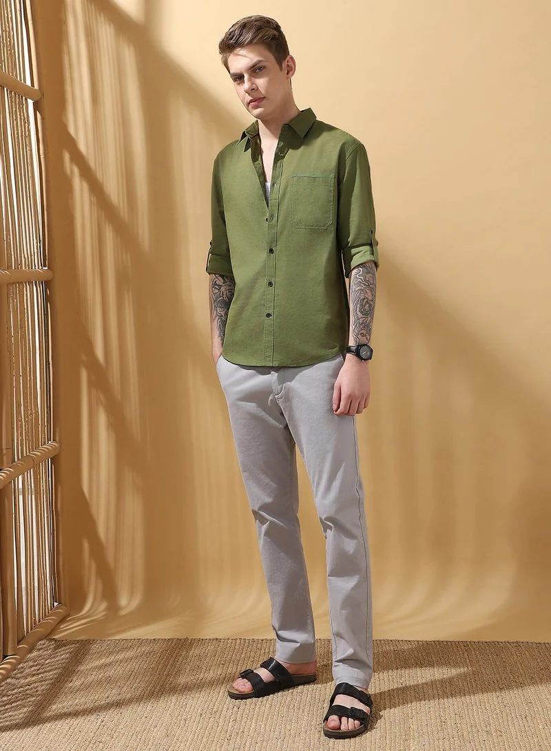 Dennis Lingo Men's Green 100% Cotton Textured Button Down Regular FiT-Shirt