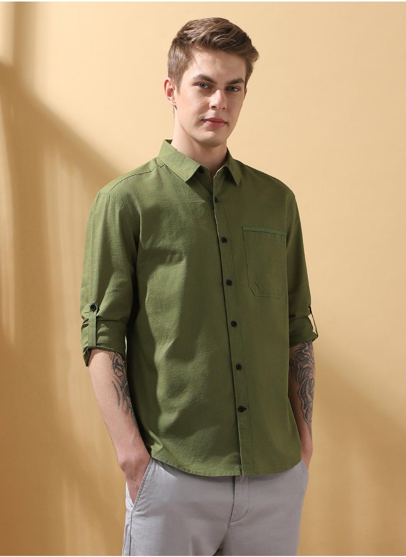 Dennis Lingo - Green Regular Fit Shirts Textured design crafted from 100% Cotton featuring Long Sleeves with Button closure. - Image 1
