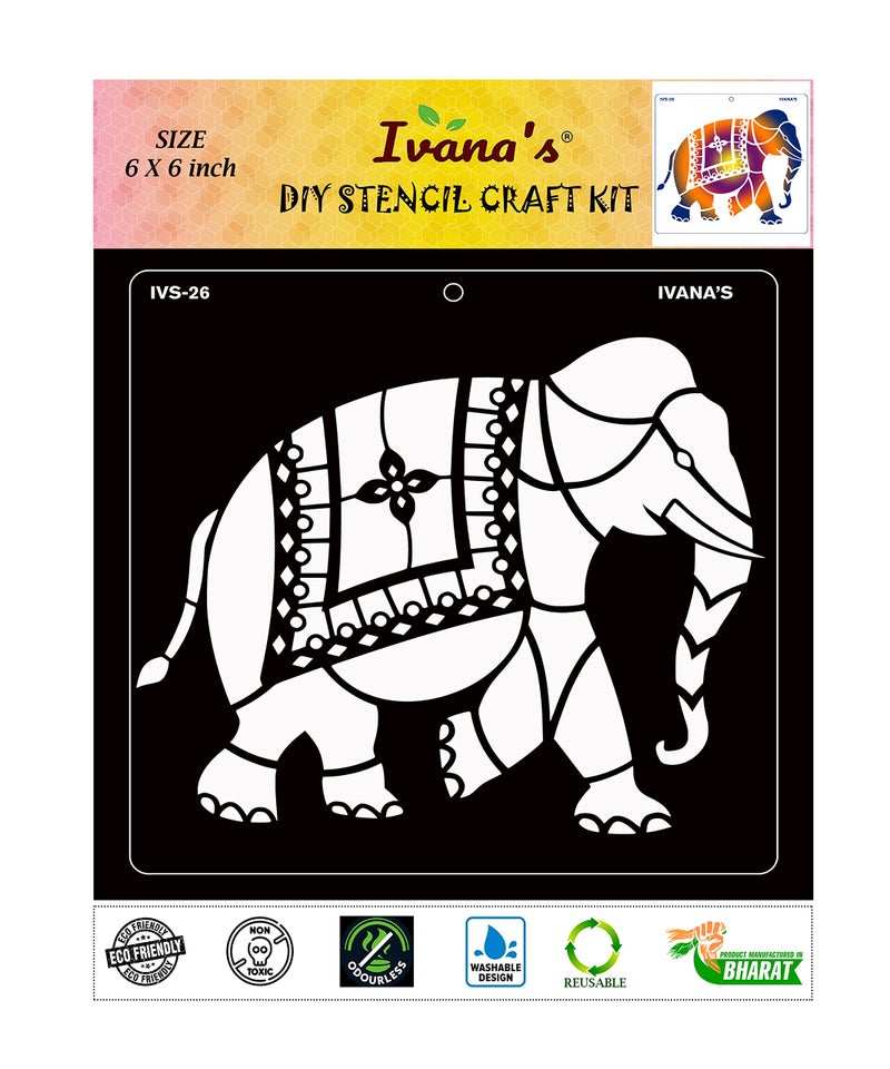 IVANA'S Elephant Stencil for Art & Craft, DIY Decorative Stencil for Painting on Canvas, Fabric, Cloth, Paper, Glass, Furniture and Wall, Size - 6 x 6 inch, Pack of 1, IVS-26, Off White - Image 1