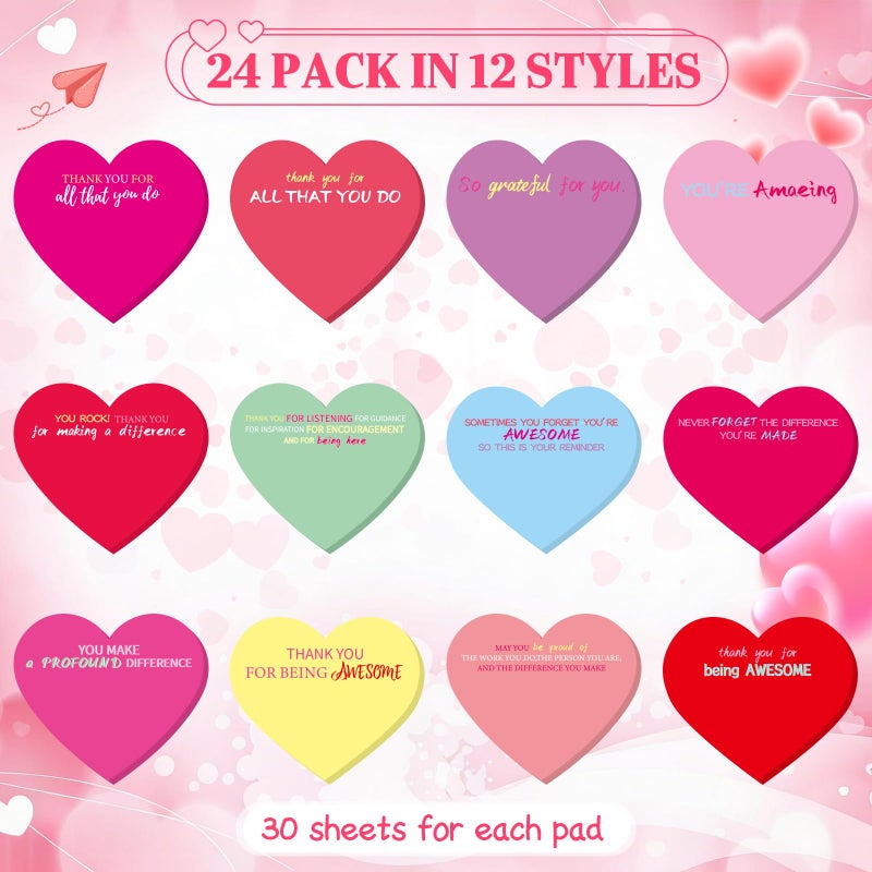 DERAYEE 24PCS Valentines Sticky Notes, 3 x 3 Inches Heart Shaped Sticky Notes Colorful Appreciation Notepads Self Stick Memo Pads for Valentine's Day Home School Office Supplies - Image 2
