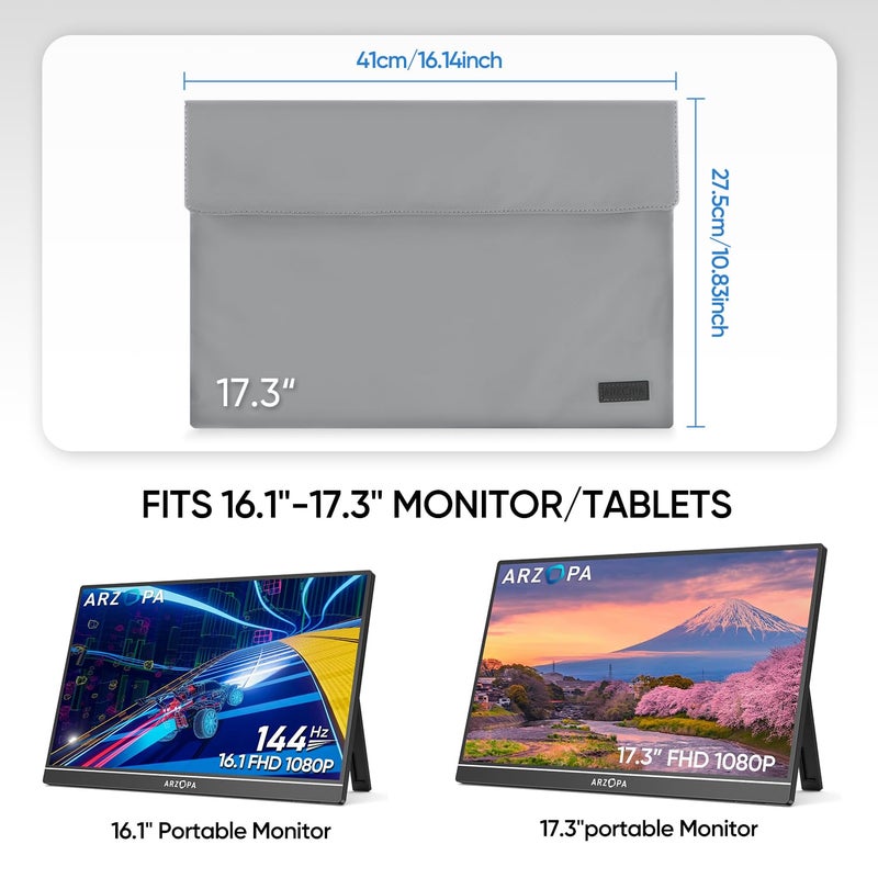 ARZOPA 17.3" Portable Monitor Sleeve Bag, PU Leather Laptop Case for Travel, Grey - Image 3