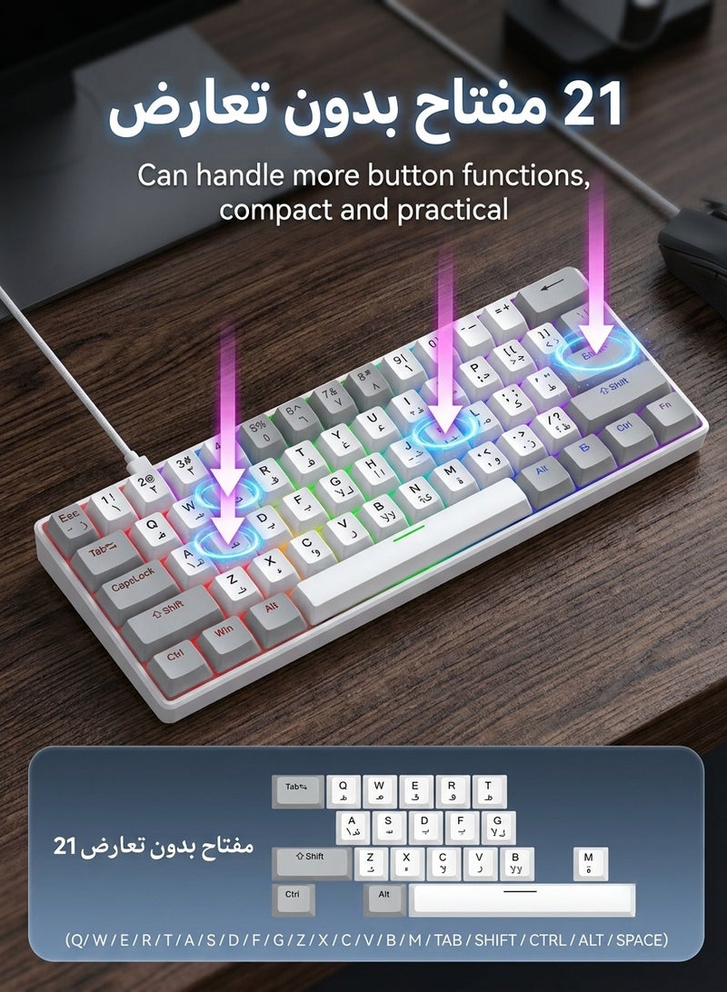 T-WOLF 61-Key RGB Mechanical Gaming Keyboard with Red Switches and 60% Compact Layout, Detachable Cable, 21-Key Anti-Ghosting, Ergonomic Design for PC and Mac Gamers - Image 3