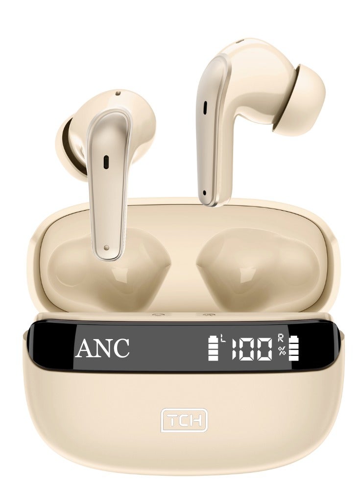 TCH Wireless Earbuds L10 ANC BEIGE- Active Noise Cancellation, HiFi Audio Sound Quality, Powerful Bass, Bluetooth 5.3 with AI Calls, 4 Mics, IPX4 Water Resistant, 30H Battery Standby, LED Display, Smart Touch Controls- Android-IOS