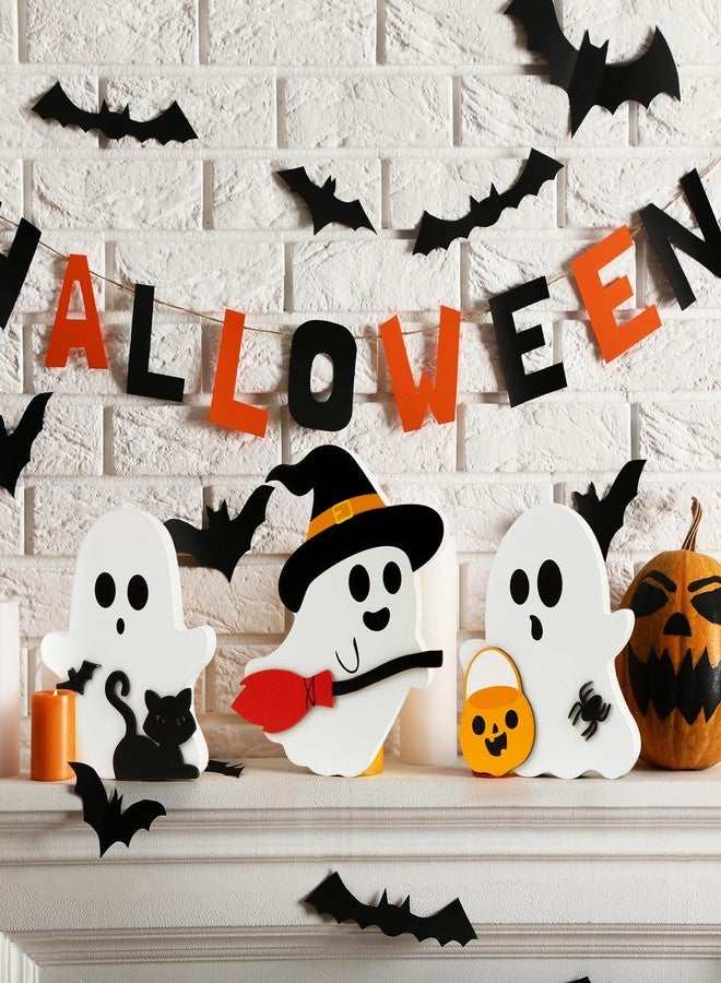 COCHIE Cute Ghost Halloween Decorations Indoor, Wooden Tiered Tray Decor Table Sign Set of 3, Black Cat Bat Witch Broom Signs Pumpkin Blocks for Party Home Shelf Display (A-Ghost) - Image 4