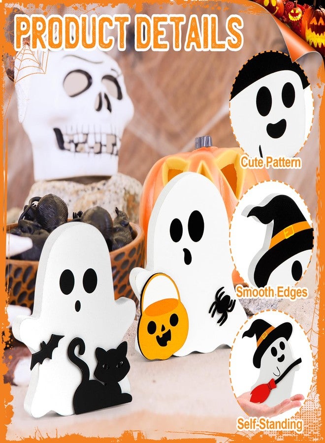 COCHIE Cute Ghost Halloween Decorations Indoor, Wooden Tiered Tray Decor Table Sign Set of 3, Black Cat Bat Witch Broom Signs Pumpkin Blocks for Party Home Shelf Display (A-Ghost) - Image 3