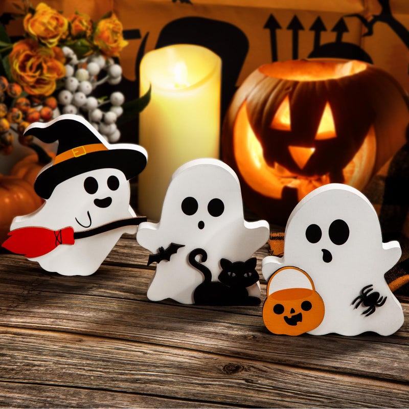 COCHIE Cute Ghost Halloween Decorations Indoor, Wooden Tiered Tray Decor Table Sign Set of 3, Black Cat Bat Witch Broom Signs Pumpkin Blocks for Party Home Shelf Display (A-Ghost) - Image 1