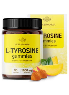 HERBAMAMA L-Tyrosine Focus Gummies - 1000 mg L-Tyrosine Brain Focus and Energy Support Supplement - Vegan, Gelatin-Free, Non-GMO - 90 Mango-Flavored Brain Health Chews