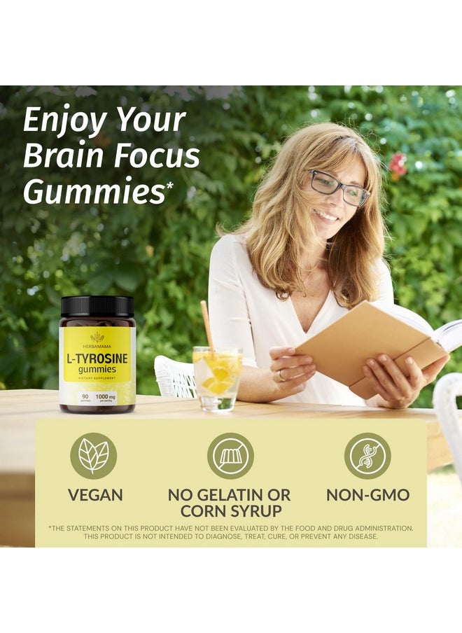 HERBAMAMA - HERBAMAMA L-Tyrosine Focus Gummies - 1000 mg L-Tyrosine Brain Focus and Energy Support Supplement - Vegan, Gelatin-Free, Non-GMO - 90 Mango-Flavored Brain Health Chews - Image 1