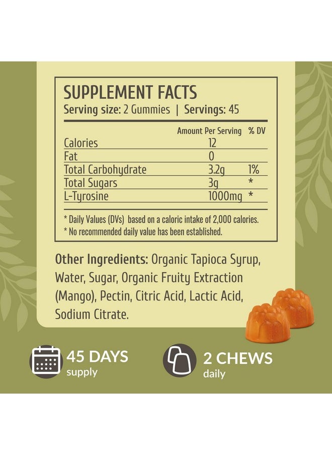 HERBAMAMA - HERBAMAMA L-Tyrosine Focus Gummies - 1000 mg L-Tyrosine Brain Focus and Energy Support Supplement - Vegan, Gelatin-Free, Non-GMO - 90 Mango-Flavored Brain Health Chews - Image 1
