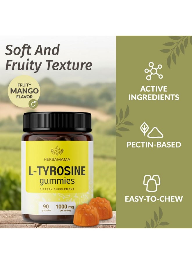 HERBAMAMA - HERBAMAMA L-Tyrosine Focus Gummies - 1000 mg L-Tyrosine Brain Focus and Energy Support Supplement - Vegan, Gelatin-Free, Non-GMO - 90 Mango-Flavored Brain Health Chews - Image 1