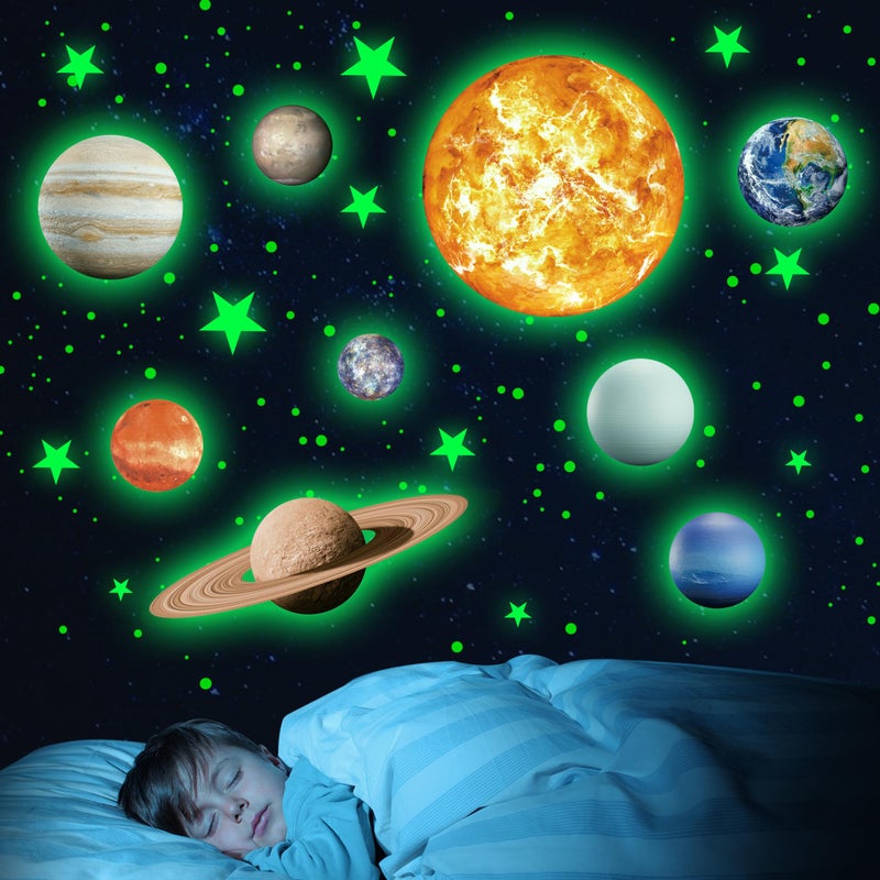 Glow in The Dark Stars Solar System Wall Stickers Sun and 8 Major Planets Wall Decals for Bedroom Baby Nursery Decoration for Ceiling Green