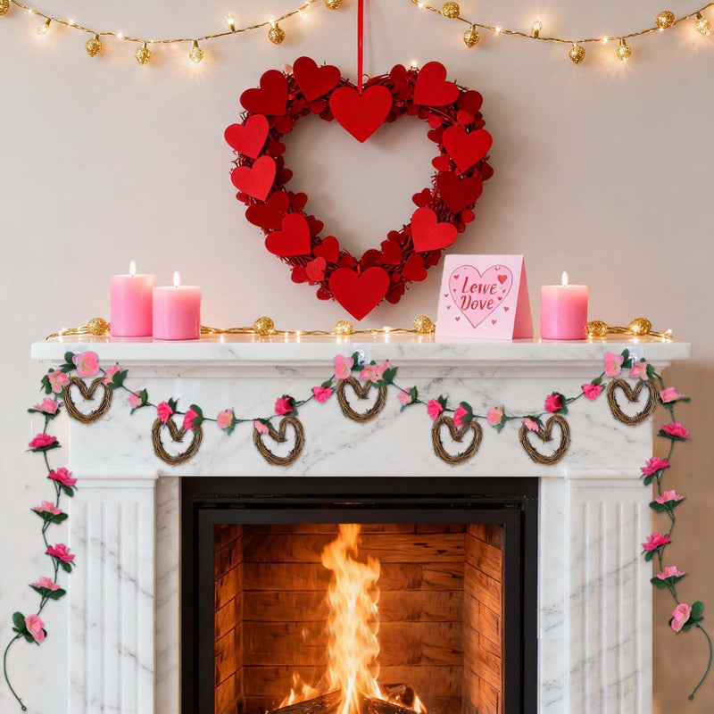 Waybas Valentine's Day Rattan Heart Garland, 7.5ft Artificial Rose Vine with Heart Ornament Floral Valentine's Day Banner Indoor Flower Outdoor Decorations for Mantel Fireplace Wall Home Farmhouse - Image 1