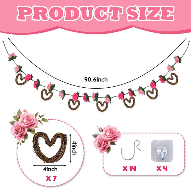 Waybas Valentine's Day Rattan Heart Garland, 7.5ft Artificial Rose Vine with Heart Ornament Floral Valentine's Day Banner Indoor Flower Outdoor Decorations for Mantel Fireplace Wall Home Farmhouse - Image 2