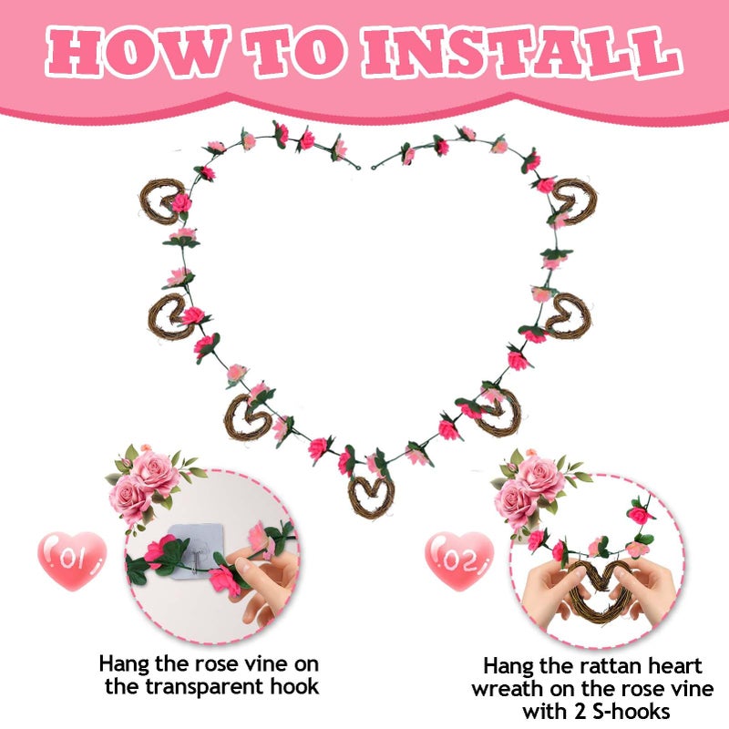 Waybas Valentine's Day Rattan Heart Garland, 7.5ft Artificial Rose Vine with Heart Ornament Floral Valentine's Day Banner Indoor Flower Outdoor Decorations for Mantel Fireplace Wall Home Farmhouse - Image 3