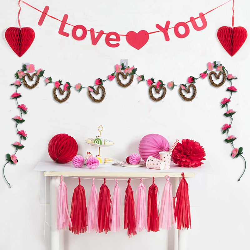 Waybas Valentine's Day Rattan Heart Garland, 7.5ft Artificial Rose Vine with Heart Ornament Floral Valentine's Day Banner Indoor Flower Outdoor Decorations for Mantel Fireplace Wall Home Farmhouse - Image 4