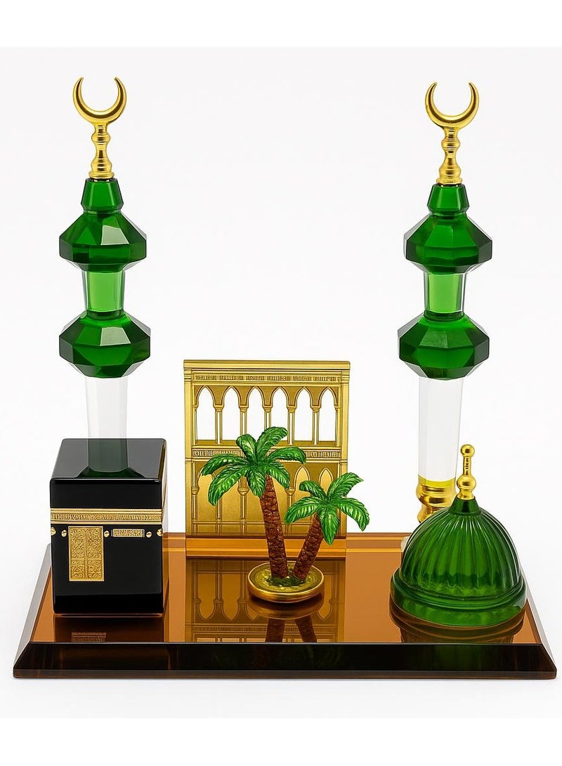 A spiritual artistic piece made of high-quality crystal, featuring the Kaaba, the Rawdah dome, two minarets, and symbolic palm trees that add a touch of beauty. - Image 1