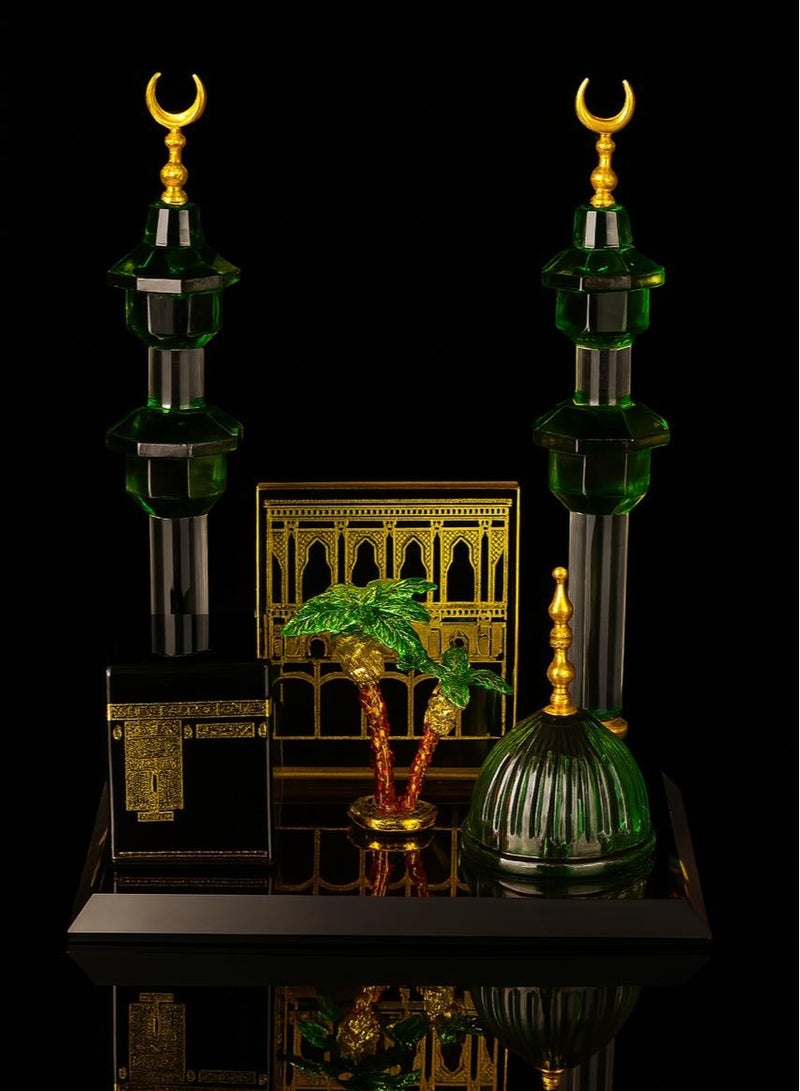 A spiritual artistic piece made of high-quality crystal, featuring the Kaaba, the Rawdah dome, two minarets, and symbolic palm trees that add a touch of beauty. - Image 2
